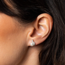 Strieborné náušnice Half Halo Pearl Diamonfire
